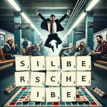 Kreative Illustration für ein Scrabble-Spiel, bei dem das Wort SILBERSCHEIBE mit Steinen auf dem Brett gelegt wurde.