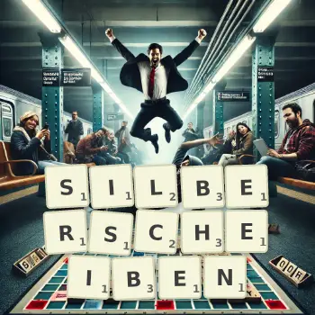 Kreative Illustration für ein Scrabble-Spiel, bei dem das Wort SILBERSCHEIBEN mit Steinen auf dem Brett gelegt wurde.