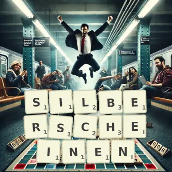 Kreative Illustration für ein Scrabble-Spiel, bei dem das Wort SILBERSCHEINEN mit Steinen auf dem Brett gelegt wurde.