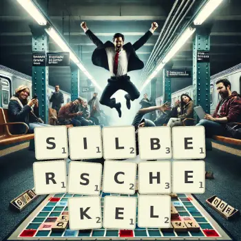 Kreative Illustration für ein Scrabble-Spiel, bei dem das Wort SILBERSCHEKEL mit Steinen auf dem Brett gelegt wurde.
