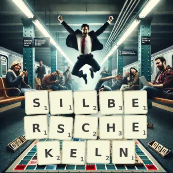 Kreative Illustration für ein Scrabble-Spiel, bei dem das Wort SILBERSCHEKELN mit Steinen auf dem Brett gelegt wurde.
