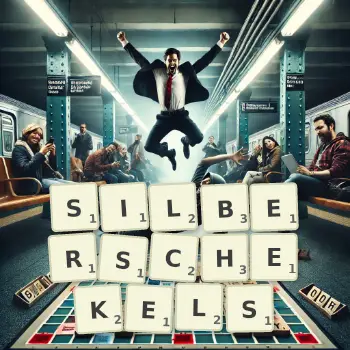 Kreative Illustration für ein Scrabble-Spiel, bei dem das Wort SILBERSCHEKELS mit Steinen auf dem Brett gelegt wurde.