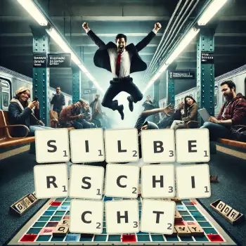 Kreative Illustration für ein Scrabble-Spiel, bei dem das Wort SILBERSCHICHT mit Steinen auf dem Brett gelegt wurde.