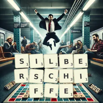 Kreative Illustration für ein Scrabble-Spiel, bei dem das Wort SILBERSCHIFFE mit Steinen auf dem Brett gelegt wurde.