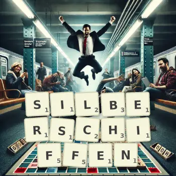 Kreative Illustration für ein Scrabble-Spiel, bei dem das Wort SILBERSCHIFFEN mit Steinen auf dem Brett gelegt wurde.