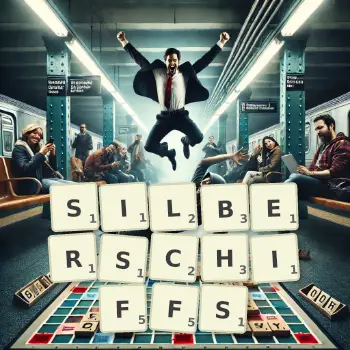 Kreative Illustration für ein Scrabble-Spiel, bei dem das Wort SILBERSCHIFFS mit Steinen auf dem Brett gelegt wurde.