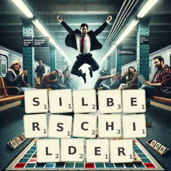 Kreative Illustration für ein Scrabble-Spiel, bei dem das Wort SILBERSCHILDER mit Steinen auf dem Brett gelegt wurde.