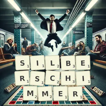 Kreative Illustration für ein Scrabble-Spiel, bei dem das Wort SILBERSCHIMMER mit Steinen auf dem Brett gelegt wurde.