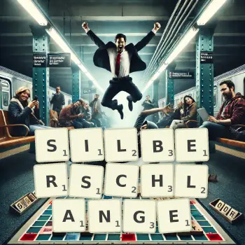 Kreative Illustration für ein Scrabble-Spiel, bei dem das Wort SILBERSCHLANGE mit Steinen auf dem Brett gelegt wurde.