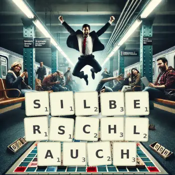 Kreative Illustration für ein Scrabble-Spiel, bei dem das Wort SILBERSCHLAUCH mit Steinen auf dem Brett gelegt wurde.