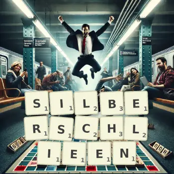 Kreative Illustration für ein Scrabble-Spiel, bei dem das Wort SILBERSCHLIEEN mit Steinen auf dem Brett gelegt wurde.