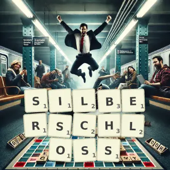 Kreative Illustration für ein Scrabble-Spiel, bei dem das Wort SILBERSCHLOSS mit Steinen auf dem Brett gelegt wurde.