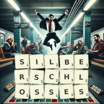 Kreative Illustration für ein Scrabble-Spiel, bei dem das Wort SILBERSCHLOSSES mit Steinen auf dem Brett gelegt wurde.