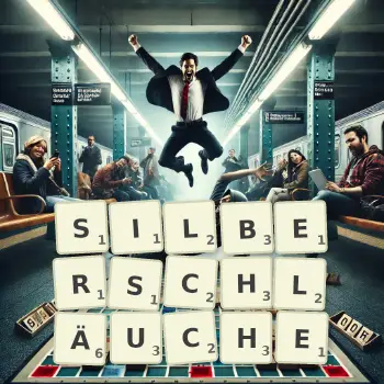 Kreative Illustration für ein Scrabble-Spiel, bei dem das Wort SILBERSCHLÄUCHE mit Steinen auf dem Brett gelegt wurde.
