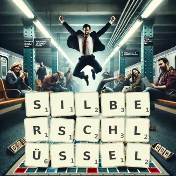 Kreative Illustration für ein Scrabble-Spiel, bei dem das Wort SILBERSCHLÜSSEL mit Steinen auf dem Brett gelegt wurde.