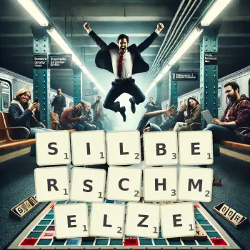 Kreative Illustration für ein Scrabble-Spiel, bei dem das Wort SILBERSCHMELZE mit Steinen auf dem Brett gelegt wurde.