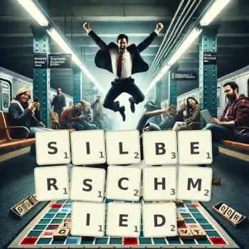Kreative Illustration für ein Scrabble-Spiel, bei dem das Wort SILBERSCHMIED mit Steinen auf dem Brett gelegt wurde.