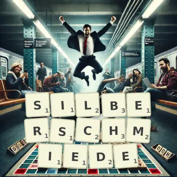 Kreative Illustration für ein Scrabble-Spiel, bei dem das Wort SILBERSCHMIEDE mit Steinen auf dem Brett gelegt wurde.