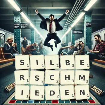 Kreative Illustration für ein Scrabble-Spiel, bei dem das Wort SILBERSCHMIEDEN mit Steinen auf dem Brett gelegt wurde.