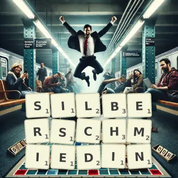 Kreative Illustration für ein Scrabble-Spiel, bei dem das Wort SILBERSCHMIEDIN mit Steinen auf dem Brett gelegt wurde.