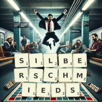 Kreative Illustration für ein Scrabble-Spiel, bei dem das Wort SILBERSCHMIEDS mit Steinen auf dem Brett gelegt wurde.
