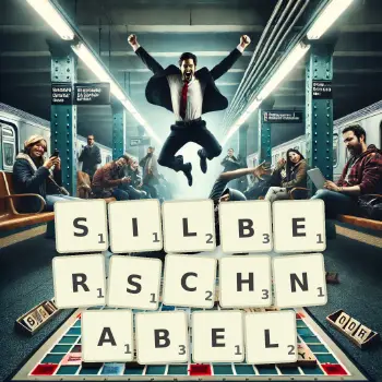 Kreative Illustration für ein Scrabble-Spiel, bei dem das Wort SILBERSCHNABEL mit Steinen auf dem Brett gelegt wurde.