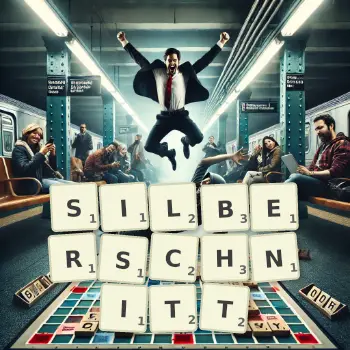 Kreative Illustration für ein Scrabble-Spiel, bei dem das Wort SILBERSCHNITT mit Steinen auf dem Brett gelegt wurde.