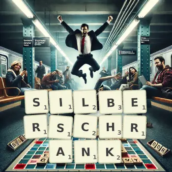Kreative Illustration für ein Scrabble-Spiel, bei dem das Wort SILBERSCHRANK mit Steinen auf dem Brett gelegt wurde.