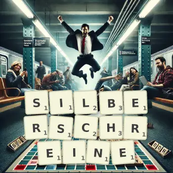 Kreative Illustration für ein Scrabble-Spiel, bei dem das Wort SILBERSCHREINE mit Steinen auf dem Brett gelegt wurde.