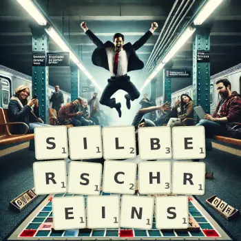Kreative Illustration für ein Scrabble-Spiel, bei dem das Wort SILBERSCHREINS mit Steinen auf dem Brett gelegt wurde.