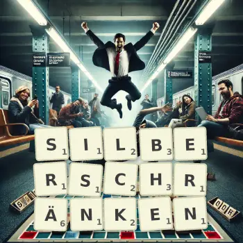 Kreative Illustration für ein Scrabble-Spiel, bei dem das Wort SILBERSCHRÄNKEN mit Steinen auf dem Brett gelegt wurde.