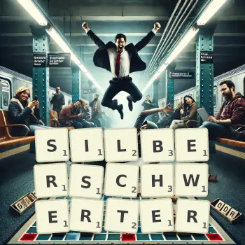 Kreative Illustration für ein Scrabble-Spiel, bei dem das Wort SILBERSCHWERTER mit Steinen auf dem Brett gelegt wurde.