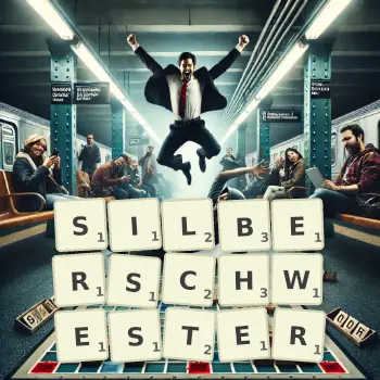 Kreative Illustration für ein Scrabble-Spiel, bei dem das Wort SILBERSCHWESTER mit Steinen auf dem Brett gelegt wurde.