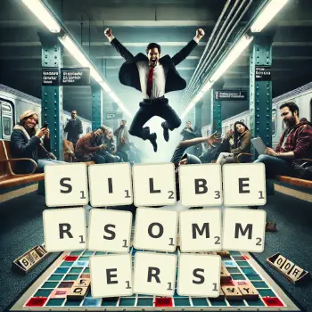 Kreative Illustration für ein Scrabble-Spiel, bei dem das Wort SILBERSOMMERS mit Steinen auf dem Brett gelegt wurde.