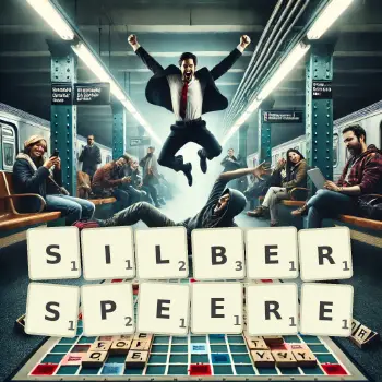 Kreative Illustration für ein Scrabble-Spiel, bei dem das Wort SILBERSPEERE mit Steinen auf dem Brett gelegt wurde.