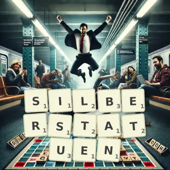 Kreative Illustration für ein Scrabble-Spiel, bei dem das Wort SILBERSTATUEN mit Steinen auf dem Brett gelegt wurde.
