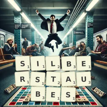Kreative Illustration für ein Scrabble-Spiel, bei dem das Wort SILBERSTAUBES mit Steinen auf dem Brett gelegt wurde.