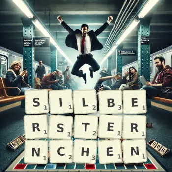 Kreative Illustration für ein Scrabble-Spiel, bei dem das Wort SILBERSTERNCHEN mit Steinen auf dem Brett gelegt wurde.