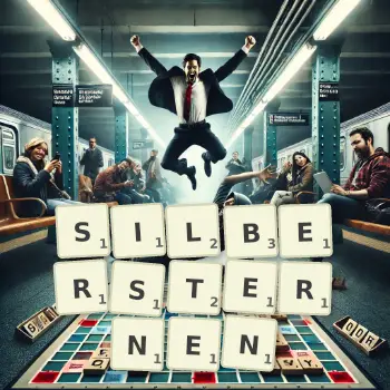 Kreative Illustration für ein Scrabble-Spiel, bei dem das Wort SILBERSTERNEN mit Steinen auf dem Brett gelegt wurde.