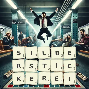 Kreative Illustration für ein Scrabble-Spiel, bei dem das Wort SILBERSTICKEREI mit Steinen auf dem Brett gelegt wurde.
