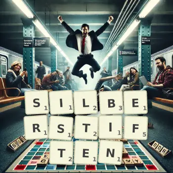 Kreative Illustration für ein Scrabble-Spiel, bei dem das Wort SILBERSTIFTEN mit Steinen auf dem Brett gelegt wurde.
