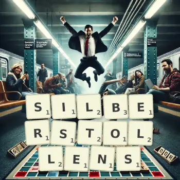 Kreative Illustration für ein Scrabble-Spiel, bei dem das Wort SILBERSTOLLENS mit Steinen auf dem Brett gelegt wurde.