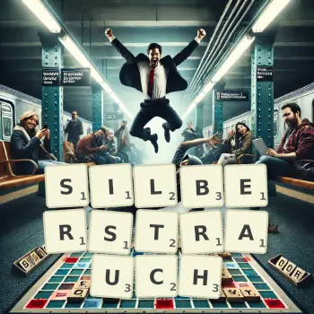Kreative Illustration für ein Scrabble-Spiel, bei dem das Wort SILBERSTRAUCH mit Steinen auf dem Brett gelegt wurde.