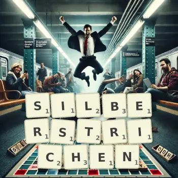 Kreative Illustration für ein Scrabble-Spiel, bei dem das Wort SILBERSTRICHEN mit Steinen auf dem Brett gelegt wurde.