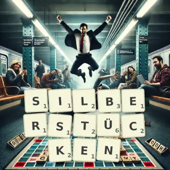 Kreative Illustration für ein Scrabble-Spiel, bei dem das Wort SILBERSTÜCKEN mit Steinen auf dem Brett gelegt wurde.