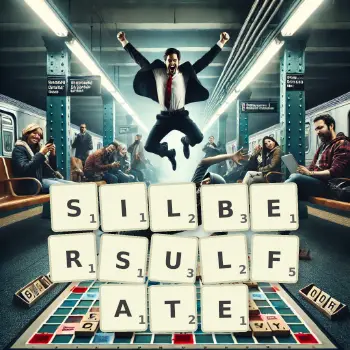 Kreative Illustration für ein Scrabble-Spiel, bei dem das Wort SILBERSULFATE mit Steinen auf dem Brett gelegt wurde.