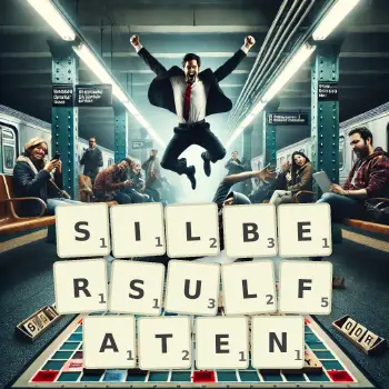 Kreative Illustration für ein Scrabble-Spiel, bei dem das Wort SILBERSULFATEN mit Steinen auf dem Brett gelegt wurde.