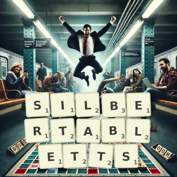 Kreative Illustration für ein Scrabble-Spiel, bei dem das Wort SILBERTABLETTS mit Steinen auf dem Brett gelegt wurde.