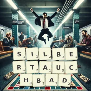 Kreative Illustration für ein Scrabble-Spiel, bei dem das Wort SILBERTAUCHBAD mit Steinen auf dem Brett gelegt wurde.