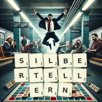 Kreative Illustration für ein Scrabble-Spiel, bei dem das Wort SILBERTELLERN mit Steinen auf dem Brett gelegt wurde.